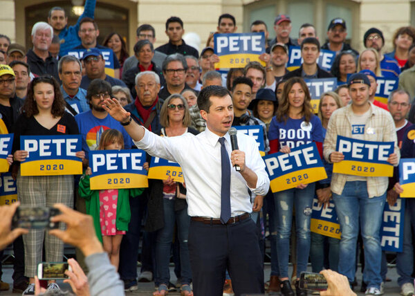 Sacramento, CA - Feb 14, 2020: Presidential candidate Pete Buttigieg, Mayor of South Bend Indiana, speaking at a Town Hall at Cesar Chavez Plaza in downtown Sacramento.