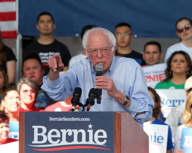 Richmond, CA - Feb 17, 2020: Presidential candidate Bernie Sanders speaking at a rally in Richmond. Asking CA voters to make sure to vote, and for No Party Preference voters register democrat and vote