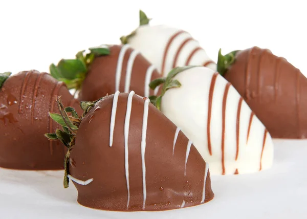 Close Giant Strawberries Dipped White Milk Chocolate Drizzled Contrasting White — Stock Photo, Image