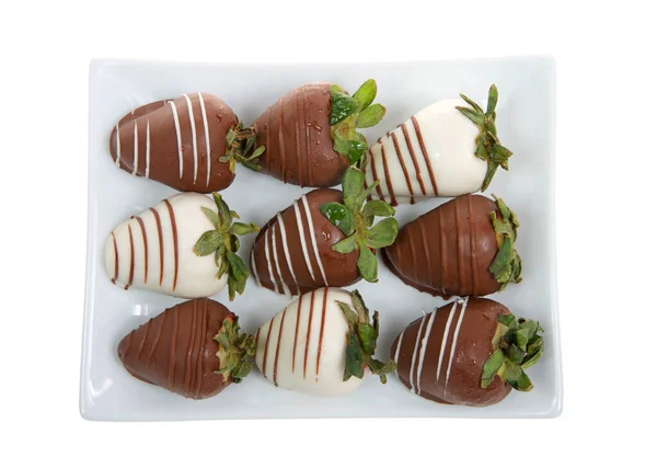 Top View Rectangular Porcelain Plate Giant Strawberries Dipped White Milk — Stock Photo, Image