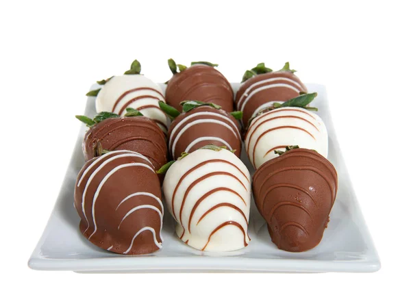 Rectangular Porcelain Plate Giant Strawberries Dipped White Milk Chocolate Drizzled — Stock Photo, Image