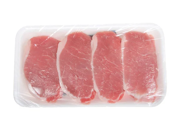 White Foam Tray Fresh Boneless Pork Chops Wrapped Plastic Isolated — Stock Photo, Image