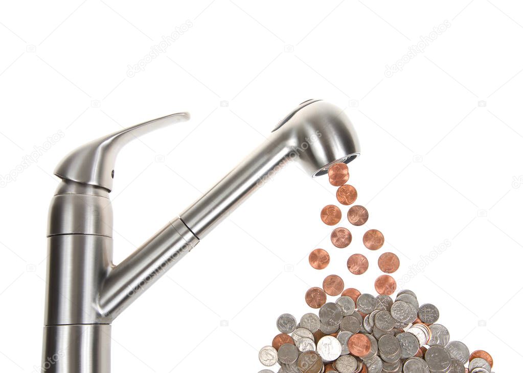 Kitchen sink faucet isolated on white, leaking pennies, which cumulatively add up to nickels and dimes and quarters below. Concept, cumulative cost of a leaking faucet.