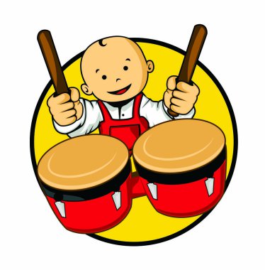 Çizgi film bebek karakteri davul logosu tasarım vektörü eps biçimi çalıyor