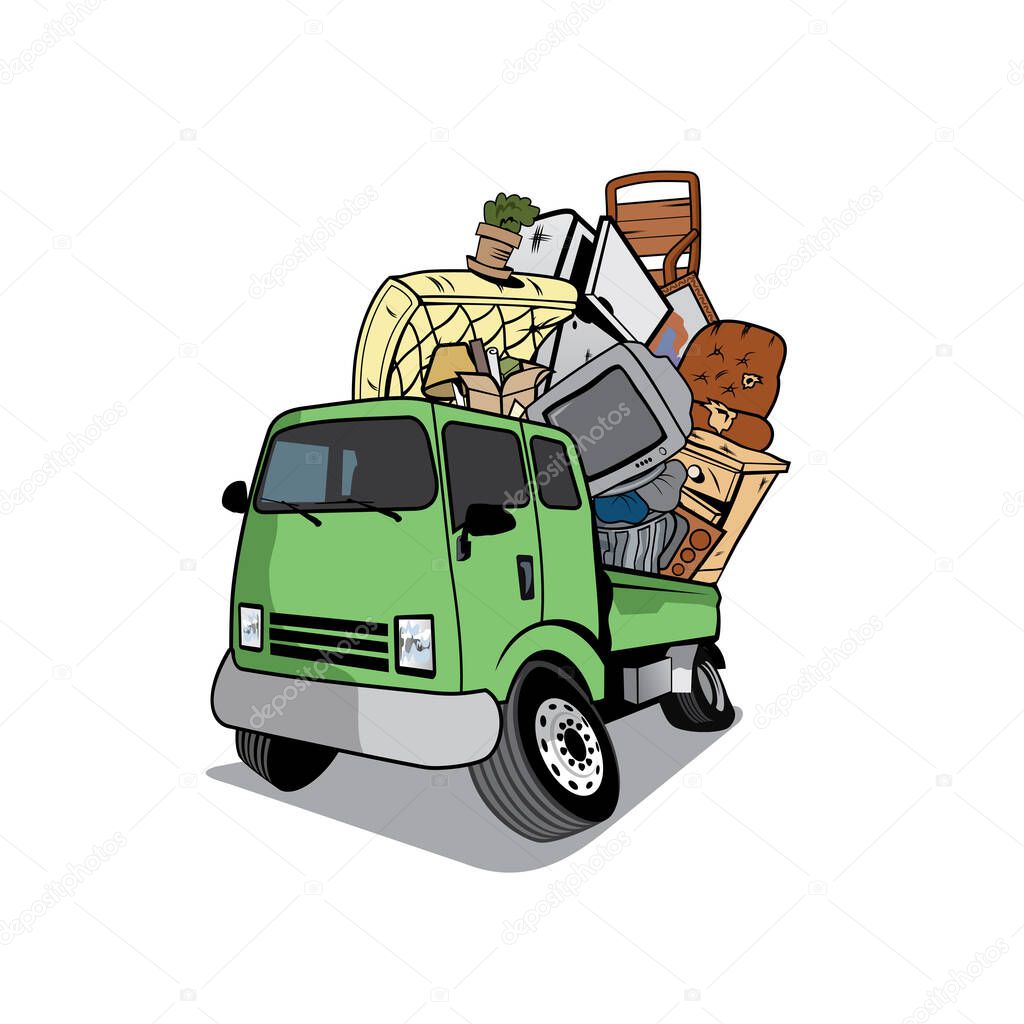 Vector of Cartoon pickup truck loaded full of household junk design eps format, suitable for your design needs, logo, illustration, animation, etc.