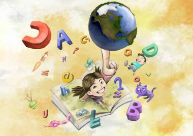 Illustration of Earth, Boy Girl and Alphabet Animals in a Book clipart