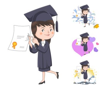 Tebrikler kutu, kalp, yumurta kıran mezun kız öğrenci.