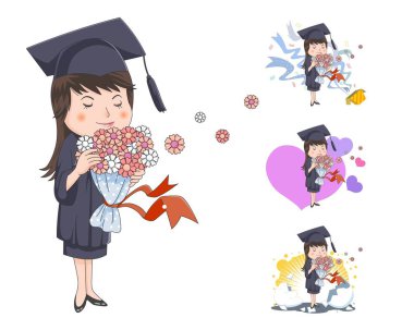 Tebrikler kutu, kalp, yumurta kıran mezun kız öğrenci.