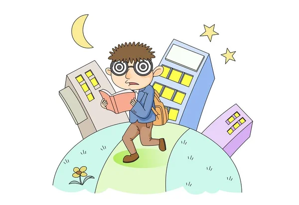 Öğrenci Gece Kentinde Yürüyor Kitap Okuyor — Stok Vektör
