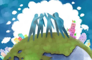 Many people on the planet Illustration to unite hands together. clipart
