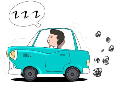 Araba motoru çalışıyor. Üzerinde uyuyan sürücü.