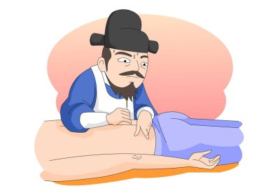 Hasta Akupunktur Terapisi 'ne. Doğulu doktor bir prosedür uyguluyor..