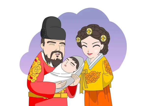 国王和王后看着一个出生的孩子笑着 — 图库矢量图片