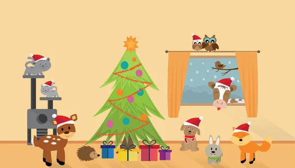 Muitos Animais Felizes Com Árvore Natal — Vetor de Stock