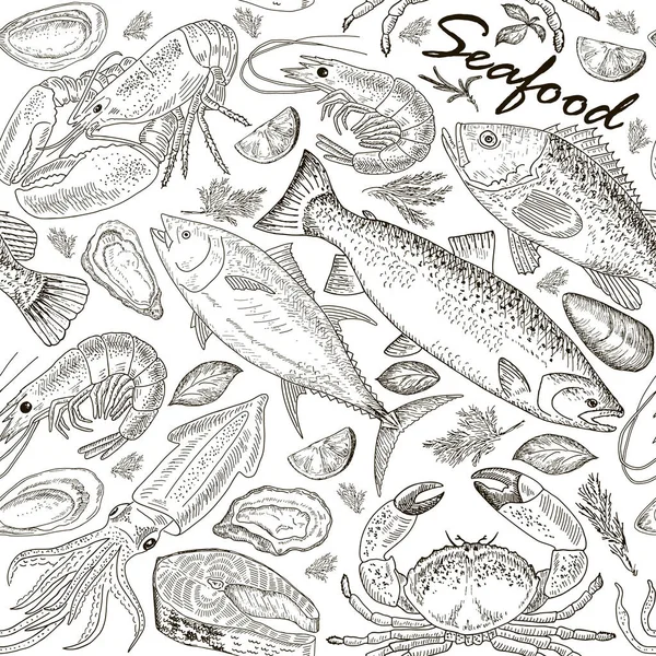 Seafood set seamless pattern — Stock Vector