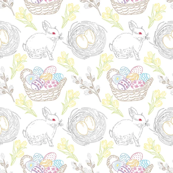 Patrón sin costuras con flores, conejos y huevos de Pascua . — Vector de stock