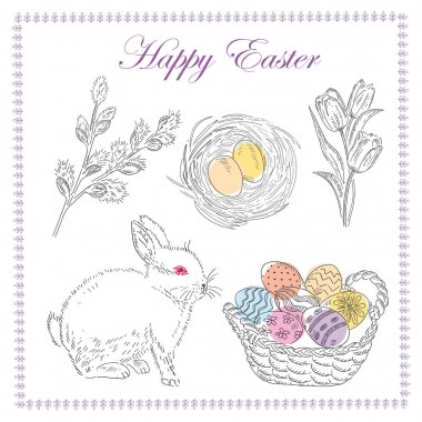 Kabataslak çiçekler, tavşan ve Paskalya yumurtaları.