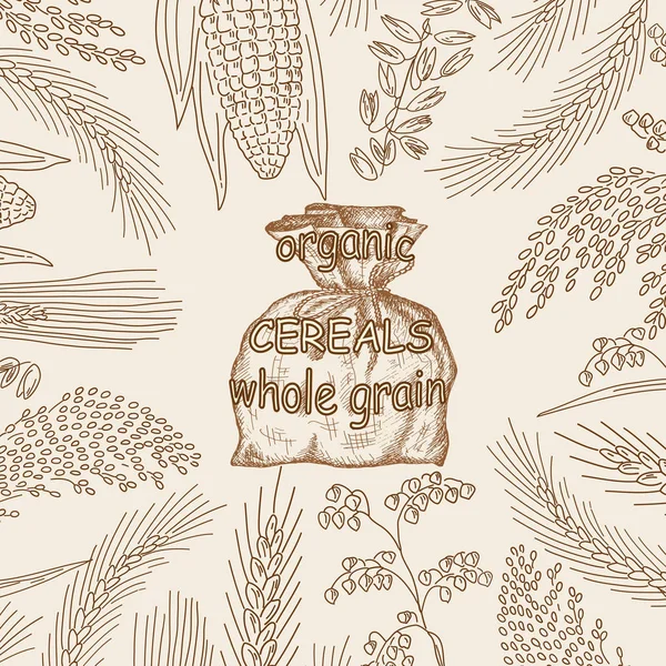 Szkicowane ręcznie rysowane zbóż, mąki w juta worek. — Wektor stockowy