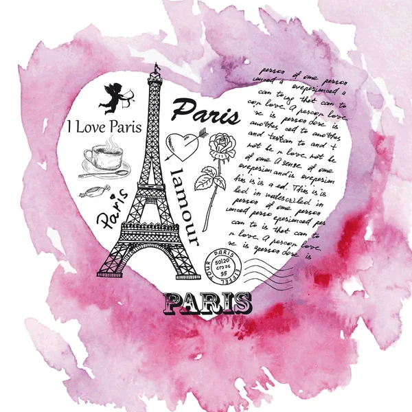 Eiffel Tower on the background of watercolor heart. — Stock Vector