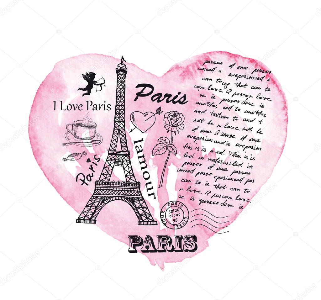 Eiffel Tower on the background of watercolor heart.