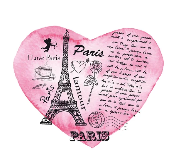 Tour Eiffel sur le fond de coeur aquarelle . — Image vectorielle