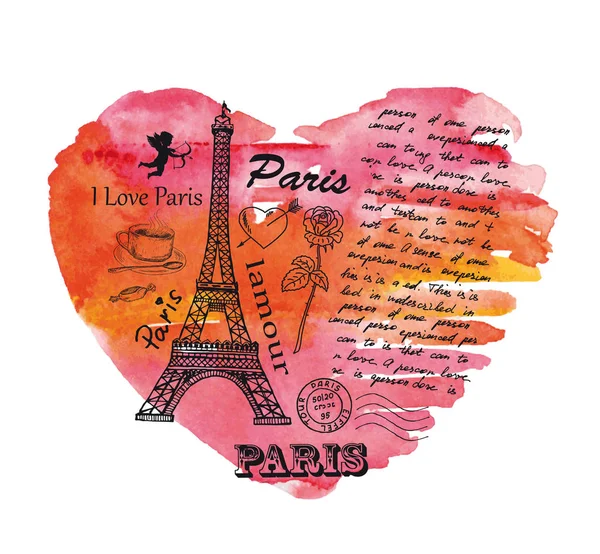 Eiffeltoren op de achtergrond van de aquarel hart. — Stockvector