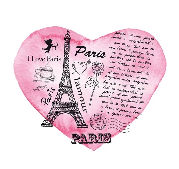 Eiffel Tower on the background of watercolor heart. — Stock Vector