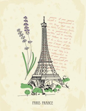 Eyfel Kulesi, lavanta, mesaj içeren retro kartpostal. Paris, Fransa.