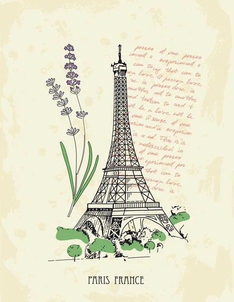 Retro ansichtkaart met Eiffeltoren, lavendel, tekst. Parijs, Frankrijk. — Stockvector