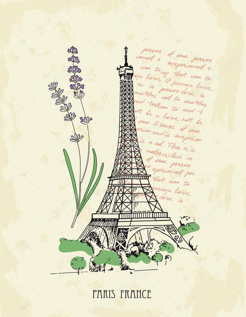 Retro postcard with Eiffel tower, lavender, text. Paris, France.