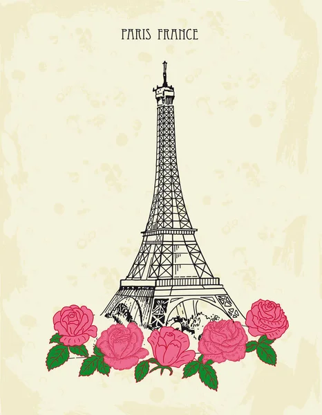 Cartolina retrò con torre Eiffel e rose rosa. Parigi, Francia . — Vettoriale Stock