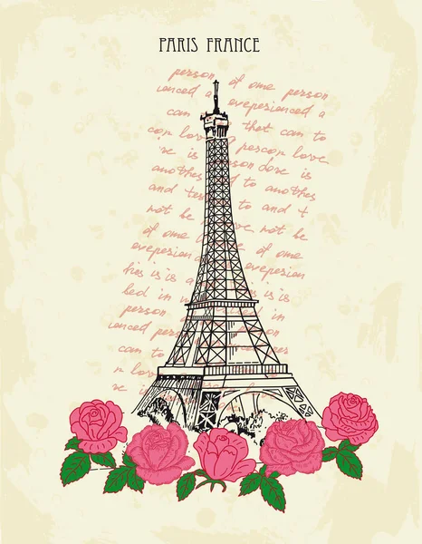 Postal retro con torre Eiffel y rosas rosadas. París, Francia . — Vector de stock