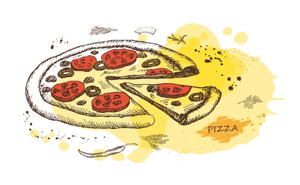 Heiße Pizza auf dem Hintergrund von Aquarellflecken. Vektor. — Stockvektor