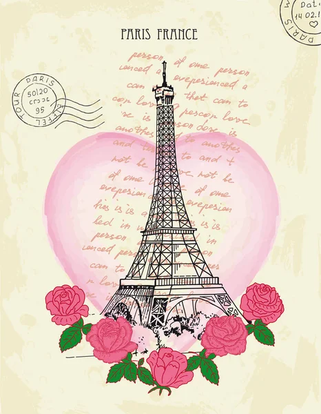 Cartão-postal retrô com torre Eiffel e rosas rosa. Paris, França . — Vetor de Stock