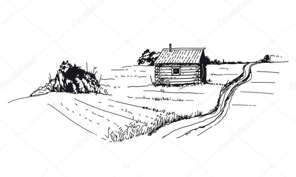 Village house on white background. Vector sketches