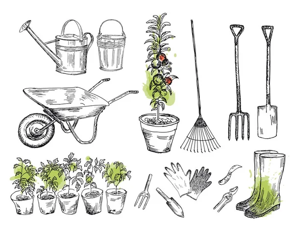 Gardening set with watercolor stains. Vector illustration — Stock Vector