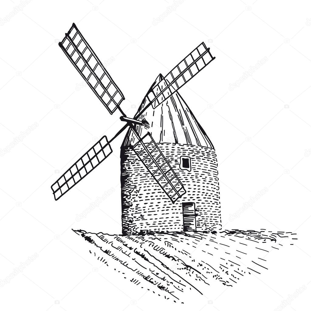 Old wind mill isolated on white background. Line art style.