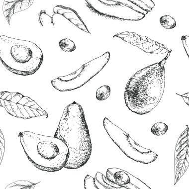 Avokado ve dilimlenmiş parçalarla vektörsüz desen.