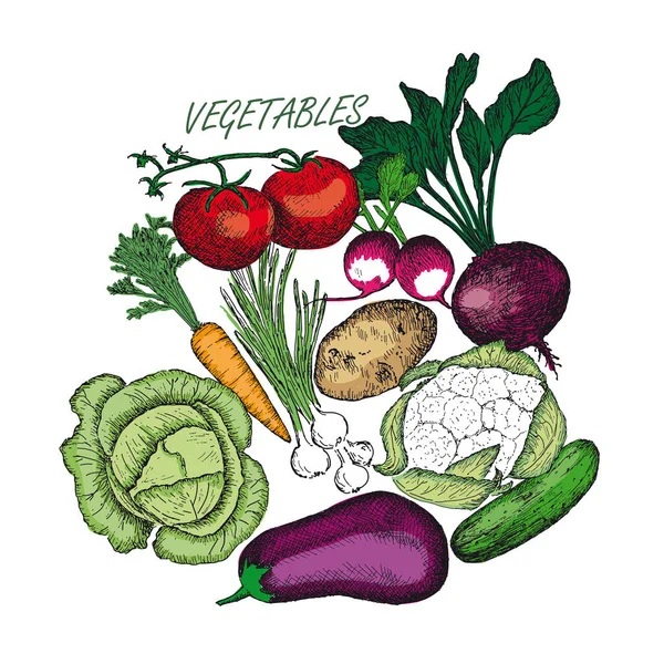 Composición redonda de verduras. Comida saludable. Estilo de arte de línea . — Vector de stock