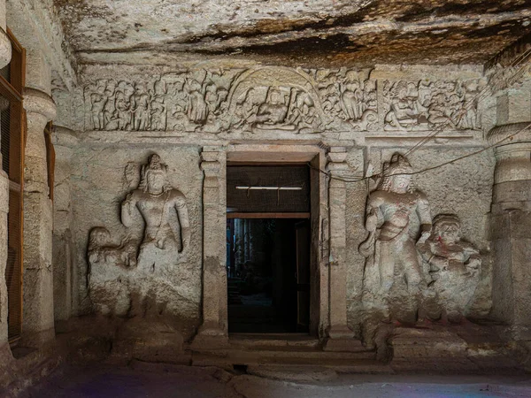 Mar 2019 Jogeshwari Grotte Taillée Dans Roche Figures Gardiennes Panneaux — Photo