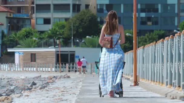 Jonge moeder loopt langs de promenade met een baby in een wandelwagen. — Stockvideo