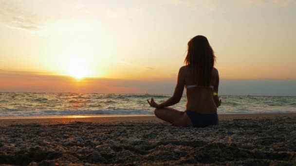 Одна молода жінка практикує йогу біля моря або океану на заході сонця . — стокове відео