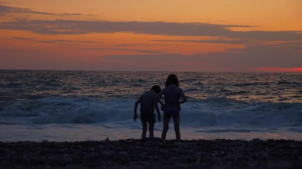 Zwei kleine Mädchen stehen bei Sonnenuntergang am Meer oder Meer. — Stockvideo