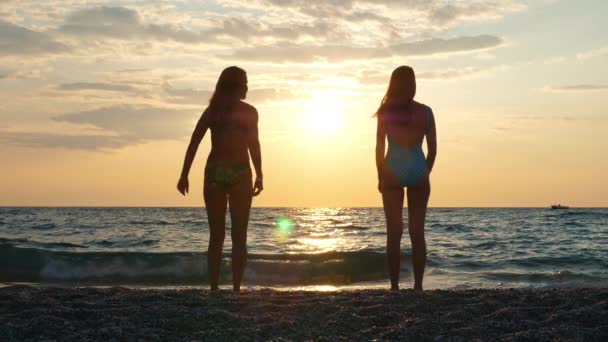 Carefree youthful unrecognizable female tourists having fun on seashore in summer — Stock Video