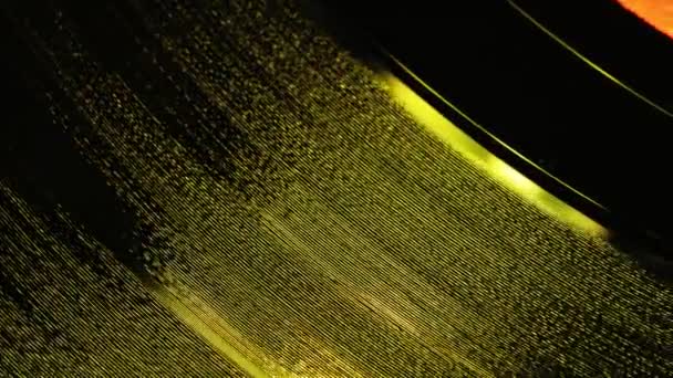 Un fragmento de un disco de vinilo giratorio en los rayos rojos de una discoteca — Vídeo de stock