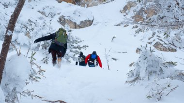 Bir grup turist karla kaplı bir dağın tepesine çıkıyor..