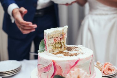Gelin ve Damat Düğün Ziyafet ile rustik düğün pastası kesti 