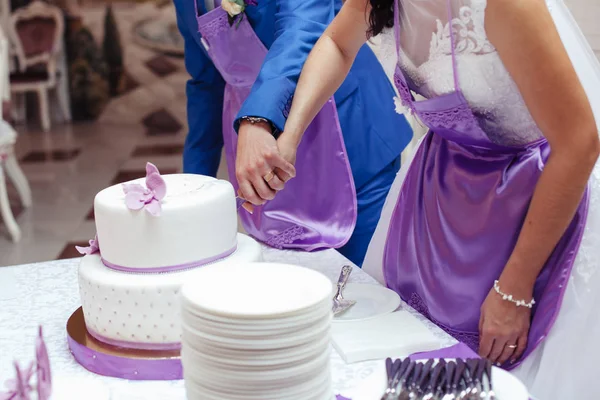 Noiva e noivo em aventais violeta cortar bolo de casamento no casamento b — Fotografia de Stock