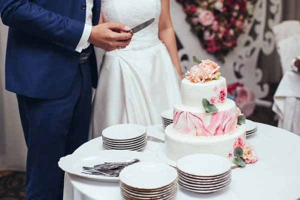 Noiva e noivo cortar bolo de casamento rústico no banquete de casamento com — Fotografia de Stock