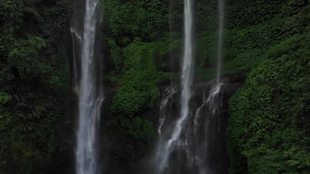 在绿树成荫的热带雨林中关闭瀑布。 从空中俯瞰高山丛林中的瀑布塞肯布尔。 印度尼西亚巴厘。 旅行概念。 空中录像. — 图库视频影像